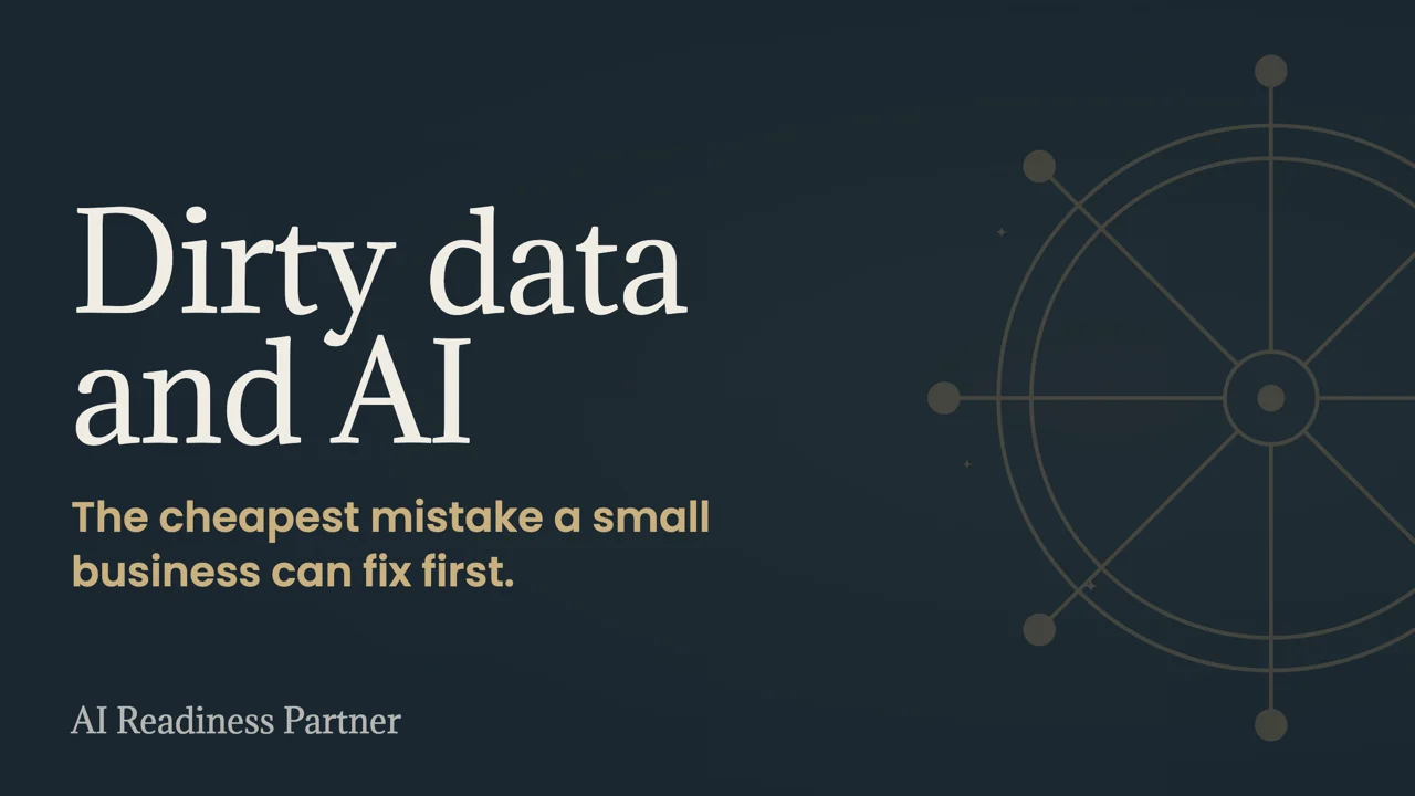 Dirty data and AI: the cheapest mistake a small business can fix first. AI Readiness Partner. A faded gold line-art ship's wheel sits to the right of the title.